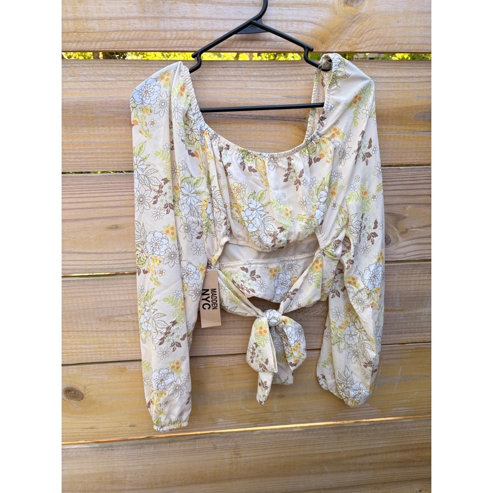 Madden NYC Floral Crop Top Long Sleeve Tie Back Sweetheart Cream XL NT011C516 - Picture 5 of 8